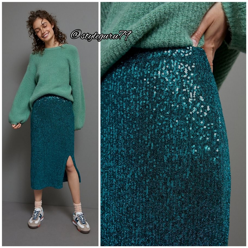Anthropologie Teal Sequin Skirt